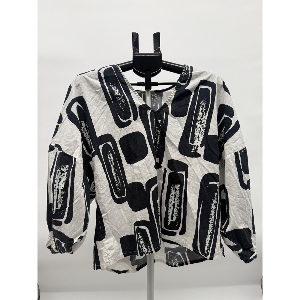 Frances Valentine Women's Small Black White Abstract Print Cotton Popover Blouse